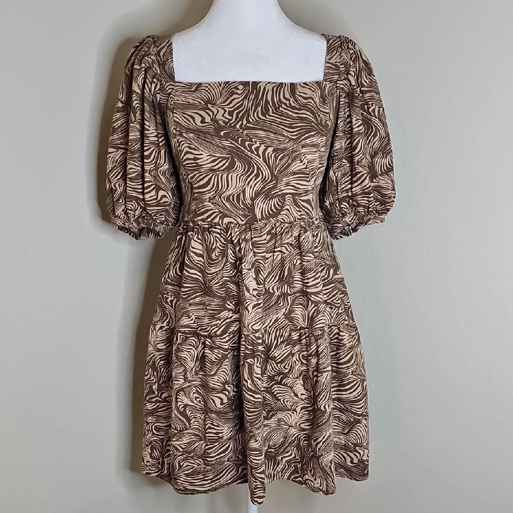 House of Harlow Square Neck Puff Sleeve Mini Dress in Brown Swirl Print - Picture 13 of 13